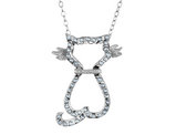 Cat Pendant Necklace in Sterling Silver with Chain and Accent Diamonds